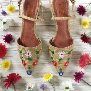New in Box Embroidered Raffia Mary-Jane shoes